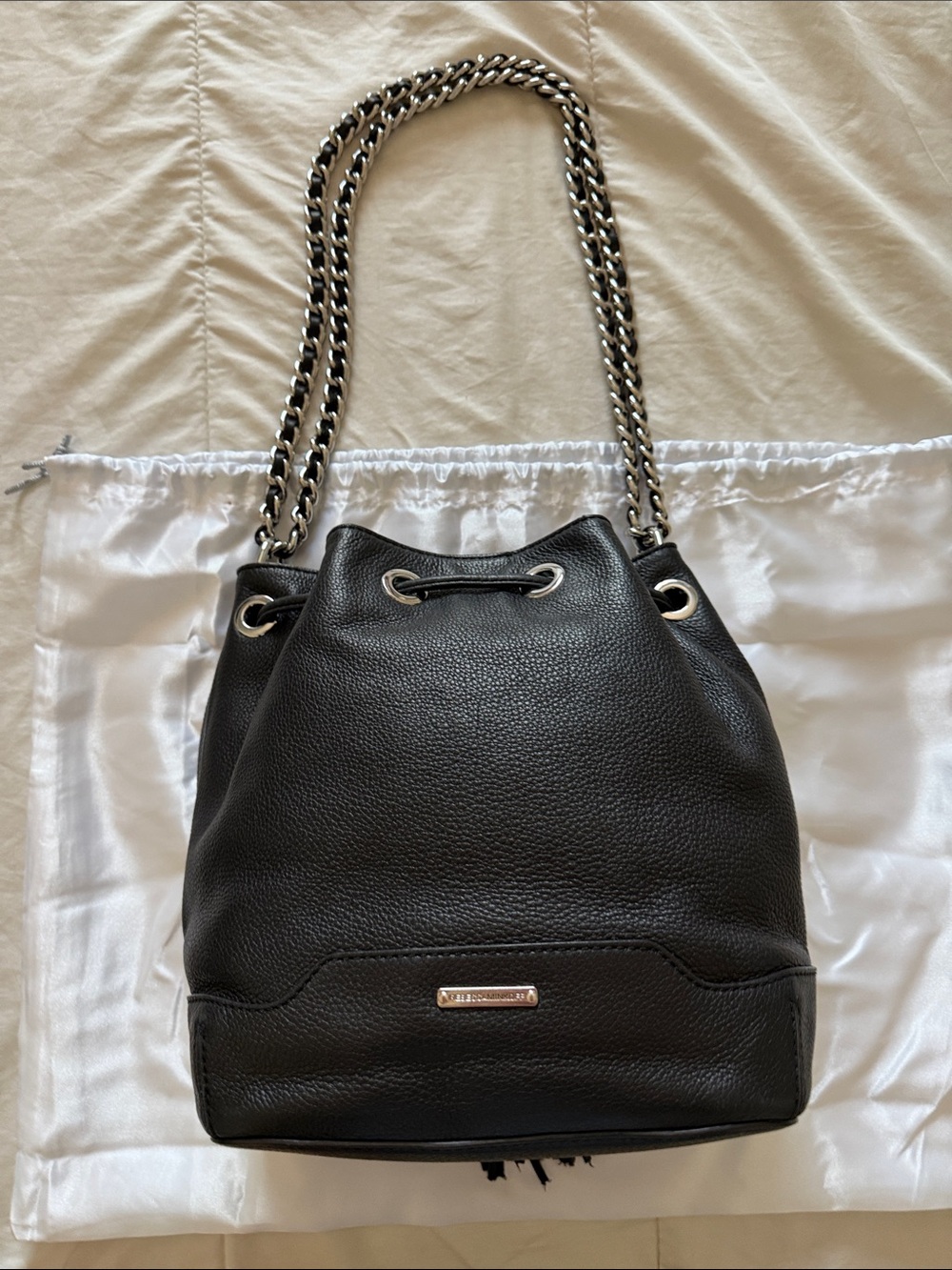 Rebecca Minkoff Black Leather Tassel Drawstring Shoulder Bag with Chain-Strap